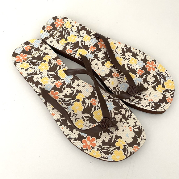 NWOB Tory Burch Soho Reverie Walnut Brown Floral Thin Flip Flops Sandal Flat 9 - Picture 3 of 11